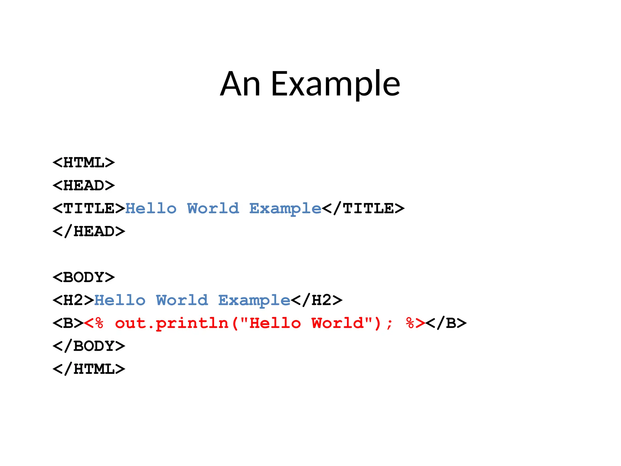 An Example
<HTML>
<HEAD>
<TITLE>Hello World Example</TITLE>
</HEAD>
<BODY>
<H2>Hello World Example</H2>
<B><% out.println("Hello World"); %></B>
</BODY>
</HTML>
 