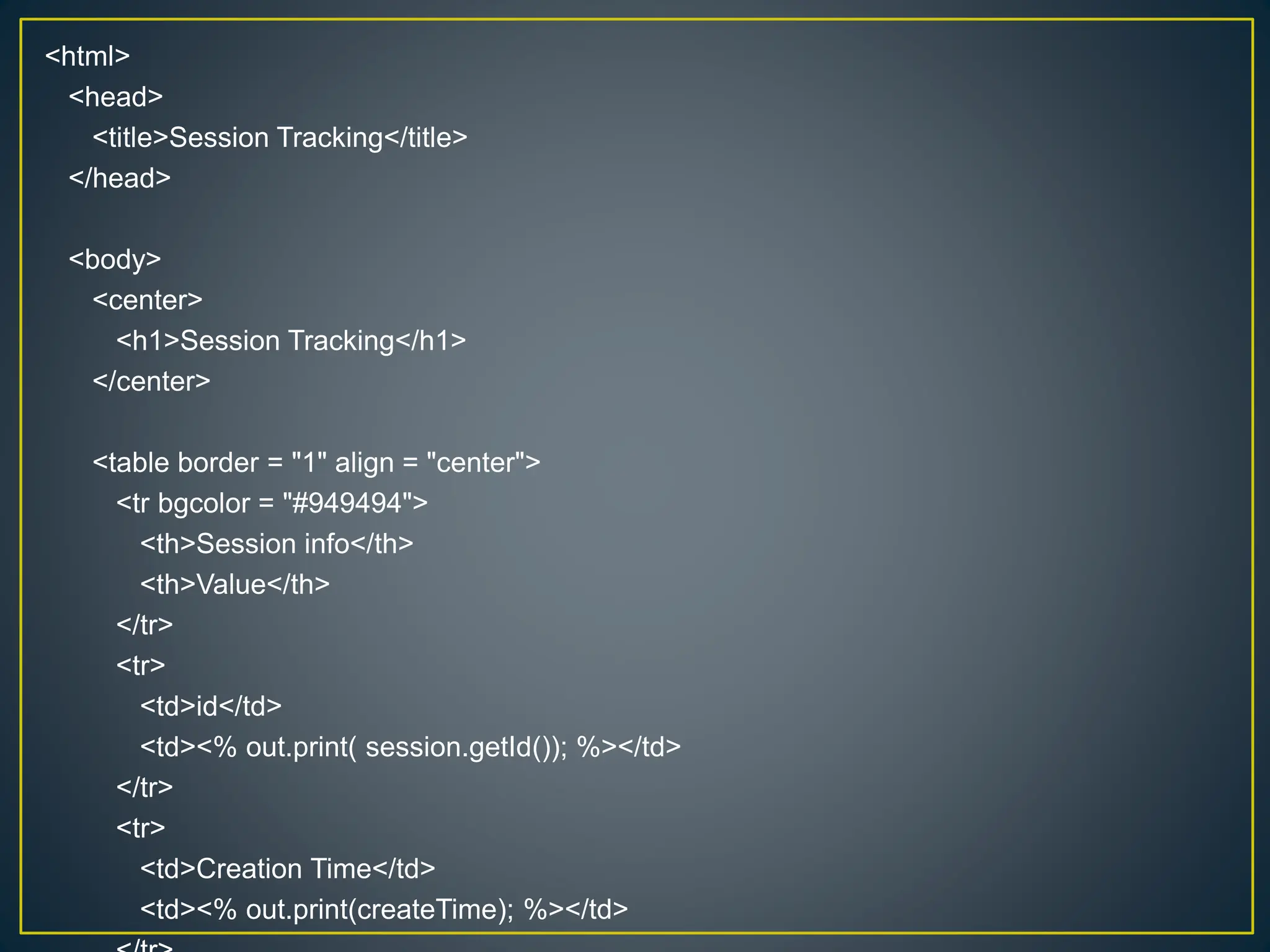 <html> <head> <title>Session Tracking</title> </head> <body> <center> <h1>Session Tracking</h1> </center> <table border = "1" align = "center"> <tr bgcolor = "#949494"> <th>Session info</th> <th>Value</th> </tr> <tr> <td>id</td> <td><% out.print( session.getId()); %></td> </tr> <tr> <td>Creation Time</td> <td><% out.print(createTime); %></td> 