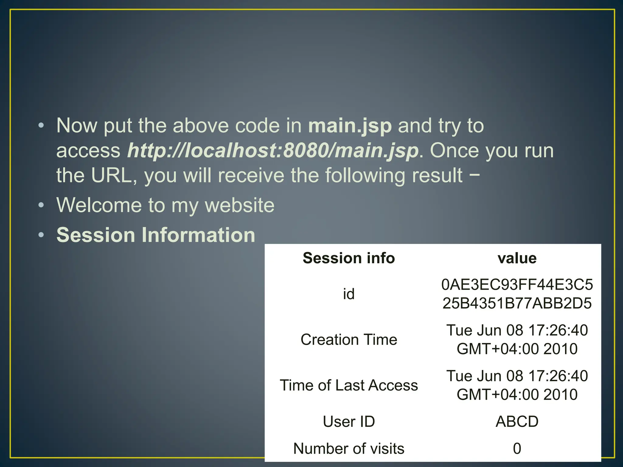 • Now put the above code in main.jsp and try to access http://localhost:8080/main.jsp. Once you run the URL, you will receive the following result − • Welcome to my website • Session Information Session info value id 0AE3EC93FF44E3C5 25B4351B77ABB2D5 Creation Time Tue Jun 08 17:26:40 GMT+04:00 2010 Time of Last Access Tue Jun 08 17:26:40 GMT+04:00 2010 User ID ABCD Number of visits 0 
