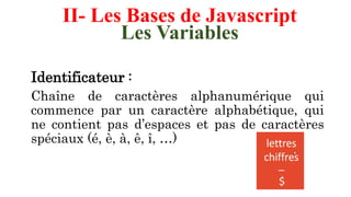 II- Les Bases de Javascript
Les Variables
Identificateur :
Chaîne de caractères alphanumérique qui
commence par un caractère alphabétique, qui
ne contient pas d’espaces et pas de caractères
spéciaux (é, è, à, ê, î, …)
 