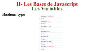 II- Les Bases de Javascript
Les Variables
Boolean type
 