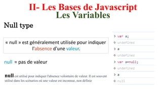 II- Les Bases de Javascript
Les Variables
Null type
null est utilisé pour indiquer l'absence volontaire de valeur. Il est souvent
utilisé dans les scénarios où une valeur est inconnue, non définie
 