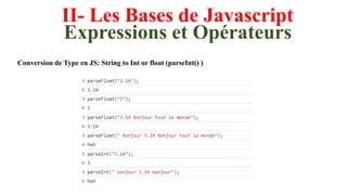 II- Les Bases de Javascript
Expressions et Opérateurs
Conversion de Type en JS: String to Int or float (parseInt() )
 