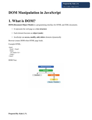 Prepared By: Kale J. N.
DOM Manipulation in JavaScript
1️. What is DOM?
DOM (Document Object Model) is a programming interface for HTML and XML documents.
• It represents the web page as a tree structure
• Each element becomes an object (node)
• JavaScript can access, modify, add, delete elements dynamically
Browser creates DOM when HTML page loads.
Example HTML:
<html>
<head> </head>
<body>
<h1>Hello</h1>
</body>
</html>
DOM Tree:
Prepared By: Kale J. N.
July 17, 2026 | Page 13 of 18
 