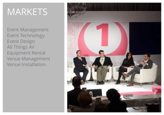 MARKETS
Event Management
Event Technology
Event Design
All Things AV
Equipment Rental
Venue Management
Venue Installation
 