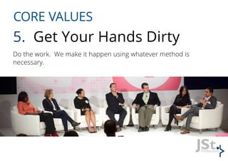 CORE VALUES
5. Get Your Hands Dirty
Do the work. We make it happen using whatever method is
necessary.
 