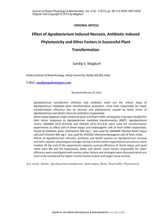 Journal of Stress Physiology & Biochemistry, Vol. 9 No. 3 2013, pp. 98-112 ISSN 1997-0838
Original Text Copyright © 2013 by Magdum
ORIGINAL ARTICLE
Effect of Agrobacterium Induced Necrosis, Antibiotic Induced
Phytotoxicity and Other Factors in Successful Plant
Transformation
Sandip S. Magdum
Amity Institute of Biotechnology, Amity University, Noida 201303, India
E-Mail: sandipmagdum@gmx.com
Received February 16, 2013
Agrobacterium tumefaciens infection and antibiotic wash are the critical steps of
Agrobacterium mediated plant transformation procedure, most time responsible for lower
transformation efficiency due to necrosis and phytotoxicity caused by biotic stress of
Agrobacterium and abiotic stress by antibiotics respectively.
Ammi majus Egyptian origin medicinal plant and Pearl millet cereal grain crop were studied for
their stress responses to Agrobacterium mediated transformation (AMT). Agrobacterium
strains LBA4404 (O.D.=0.6-0.8) and EHA105 (O.D.=0.2-0.4) were used for transformation
experiments to infect calli of Ammi majus and embryogenic calli of Pearl millet respectively.
Incase of antibiotic wash, Cefotaxime 500 mg L-1
was used for LBA4404 infected Ammi majus
calli and Timentin 300 mg L-1
was used for EHA105 infected embryogenic calli of Pearl millet.
Effects of Agrobacterium infection, antibiotic and NaOCl washes on Agrobacterium removal
and both explants physiological changes during transformation experimental procedures were
studied. At the end of the experiments explants survival efficiency of Ammi majus and pearl
millet were 8% and 5% respectively. Biotic and abiotic stress factors responsible for lower
efficiency were investigated with various other factors and strategies were discussed which are
need to be considered for higher transformation events and target tissue survival.
Key words: Abiotic, Agrobacterium tumefaciens, Ammi majus, Biotic, Pearl millet, Phytotoxicity
JOURNAL OF STRESS PHYSIOLOGY & BIOCHEMISTRY Vol. 9 No. 3 2013
 