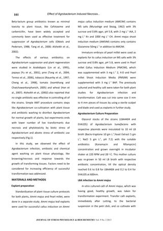 Effect of Agrobacterium Induced Necrosis...
Beta-lactum group antibiotics known as minimal
toxicity to plant tissue, like Cefotaxime and
carbenicillin, have been widely accepted and
commonly been used as effective treatment for
suppression of Agrobacterium cells (Okkels and
Pedersen, 1988; Tang et al., 2000; Alsheikh et al.,
2002).
The effects of various antibiotics on
Agrobacterium suppression and plant regeneration
were studied in Arabidopsis (Lin et al., 1995),
papaya (Yu et al., 2001), pine (Tang et al., 2004;
Tereso et al., 2006), tobacco (Nauerby et al., 1997;
Cheng et al., 1998), tomato (Ieamkhang and
Chatchawankanphanich, 2005) and wheat (Han et
al., 2007). Alsheikh et al., (2002) also reported that
no single antibiotic was effective in controlling all of
the strains. Simple AMT procedure contains steps
like Agrobacterium co-cultivation with plant tissue
and antibiotic washing to disinfect Agrobacterium
for normal growth of plants, but experiments ends
with lower number of live transformants due
necrosis and phytotoxicity by biotic stress of
Agrobacterium and abiotic stress of antibiotic use
respectively (Fig.1).
In this study, we observed the effect of
Agrobacterium infection, antibiotic and chemical
agent washing on plant tissue physiology, like
browning/necrosis and response towards the
growth of transforming tissues. Factors need to be
considered for increasing efficiency of successful
transformation was addressed.
MATERIALS AND METHODS
Explant preparation
Standardization of plant tissue culture protocols
for both plants, Ammi majus and Pearl millet, were
done in a separate study. Ammi majus leaf explants
were used for successful callus induction on Ammi
majus callus induction medium (AMCIM) contains
MS salts (Murashige and Skoog, 1962) with 3%
sucrose and 0.8% agar, pH 5.8, with 2 mg L-1
IAA, 2
mg L-1
Kn and 1000 mg L-1
CH. Ammi majus shoot
induction medium (AMSIM) contains only contains
Glutamine 50mg L-1
in addition to AMCIM.
Immature embryos of pearl millet were used as
explants for its callus induction on MS salts with 3%
sucrose and 0.8% agar, pH 5.8, were used in Pearl
millet Callus Induction Medium (PMCIM), which
was supplemented with 3 mg L-1
2, 4-D and Pearl
millet Shoot Induction Media (PMSIM) were
supplemented with 3 mg L-1
BAP. The previously
cultured and healthy calli were taken for both plant
studies for Agrobacterium infection and
transformation. Calli was cut into same size 3 mm
to 4 mm pieces of tissues by using a sterile scalpel
and blade and used as explants in further study.
Agrobacterium Culture Preparation
Glycerol stocks of the strains (LBA4404 and
EHA105) of Agrobacterium tumefaciens with
respective plasmids were inoculated to 10 ml LB
broth (Bacto-tryptone 10 gm L-1
,Yeast Extract 5 gm
L-1
, NaCl 5 gm L-1
, pH 7.2) with the suitable
antibiotics (Kanamycin and Rifampicin)
concentration and grown overnight in incubator
shaker at 220 RPM and 28 C. This mother culture
was re-grown in 50 ml LB broth with respective
antibiotic concentration, till the optical density
reached 0.6 to 0.8 for LBA4404 and 0.2 to 0.4 for
EHA105 at 600nm.
LBA infection to Ammi majus
In vitro cultured calli of Ammi majus, which was
having good, healthy growth, was taken for
transformation experiment. Transfer calli explants,
immediately after cutting, to the bacterial
suspension in the petri dish, and co cultivate with
JOURNAL OF STRESS PHYSIOLOGY & BIOCHEMISTRY Vol. 9 No. 3 2013
101
 