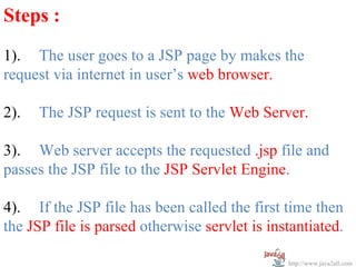 Steps :
1). The user goes to a JSP page by makes the
request via internet in user’s web browser.

2).   The JSP request is sent to the Web Server.

3). Web server accepts the requested .jsp file and
passes the JSP file to the JSP Servlet Engine.

4). If the JSP file has been called the first time then
the JSP file is parsed otherwise servlet is instantiated.

                                               http://www.java2all.com
 