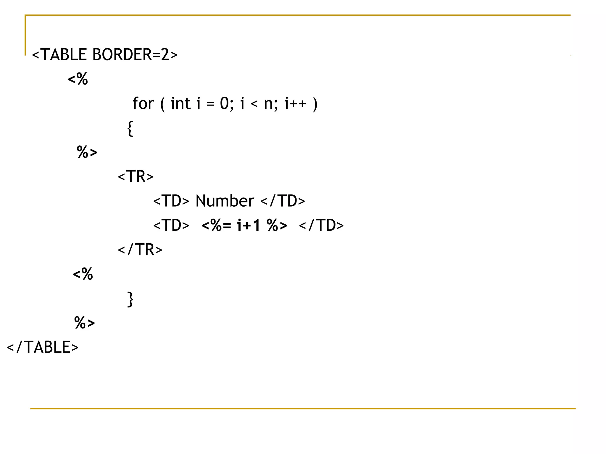 <TABLE BORDER=2>
<%
for ( int i = 0; i < n; i++ )
{
%>
<TR>
<TD> Number </TD>
<TD> <%= i+1 %> </TD>
</TR>
<%
}
%>
</TABLE>
 
