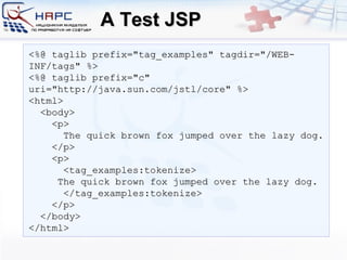A Test JSP <%@ taglib prefix=&quot;tag_examples&quot; tagdir=&quot;/WEB-INF/tags&quot; %> <%@ taglib prefix=&quot;c&quot; uri=&quot;http://java.sun.com/jstl/core&quot; %> <html> <body> <p> The quick brown fox jumped over the lazy dog. </p> <p> <tag_examples:tokenize> The quick brown fox jumped over the lazy dog. </tag_examples:tokenize> </p> </body> </html> 