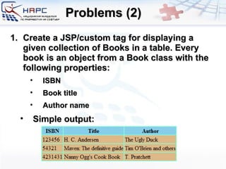 Problems (2) Create a JSP/custom tag for displaying a given collection of Books in a table. Every book is an object from a Book class with the following properties: ISBN Book title Author name Simple output: 
