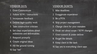 VENDOR DO’S:
1. Over-Communicate
2. Follow SOW / instructions
3. Incorporate feedback
4. Deliver high-quality work
5. Take constructive criticism
6. Set clear expectations about
milestones and deliverables.
7. Respond promptly
8. Create original ideas
9. Hit the ground running
10. Say “we”
VENDOR DON’TS:
1. Miss deadlines
2. Exaggerate experience
3. Be a PITA
4. Skip project management
5. Charge client for your mistakes
6. Freak out about scope / SOW changes
7. Over-commit & under deliver
8. Forget the details
9. Keep client in the dark
10. Say yes to everything client says
57
 