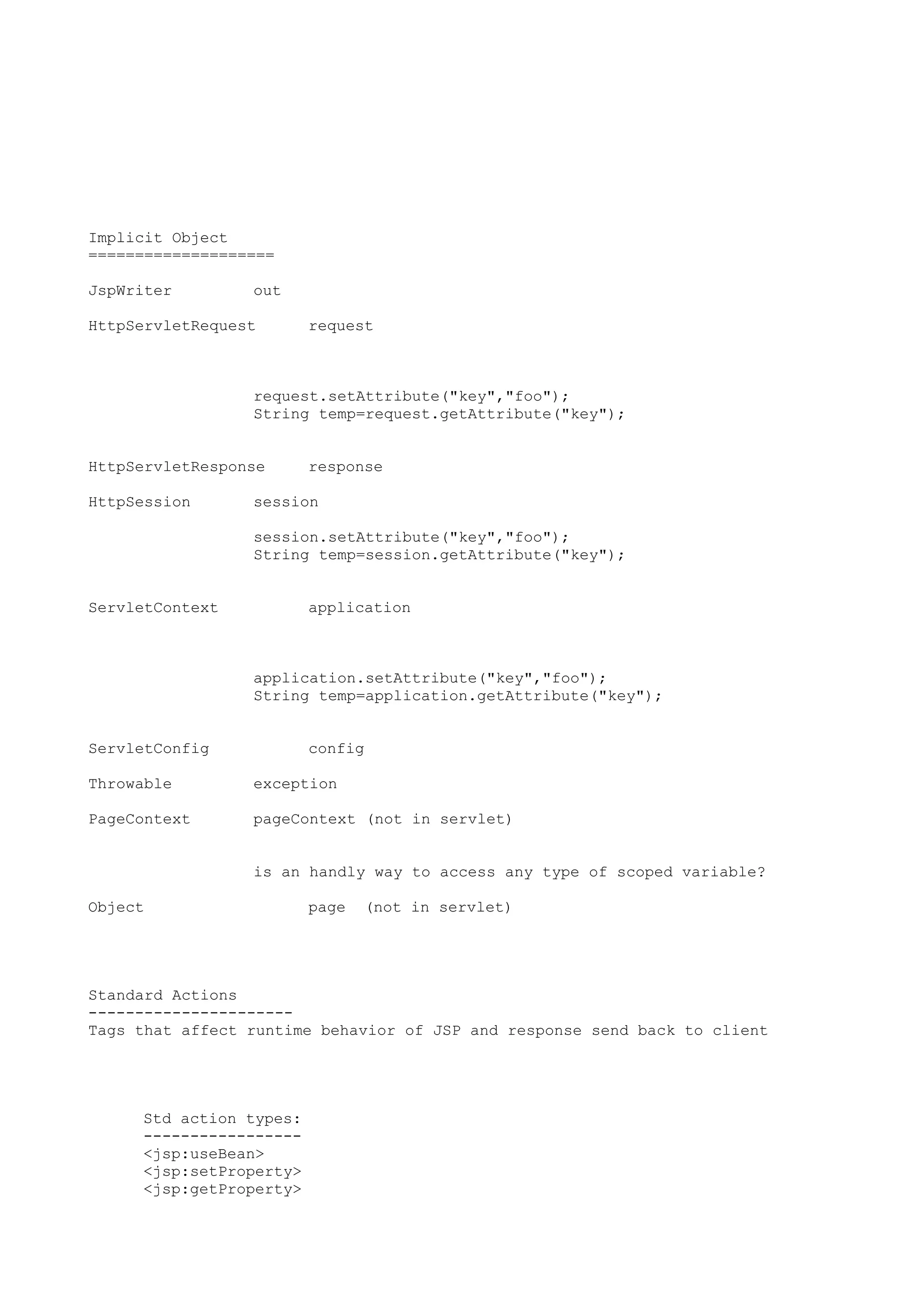 Implicit Object
====================

JspWriter        out

HttpServletRequest       request



                 request.setAttribute("key","foo");
                 String temp=request.getAttribute("key");


HttpServletResponse      response

HttpSession      session

                 session.setAttribute("key","foo");
                 String temp=session.getAttribute("key");


ServletContext           application



                 application.setAttribute("key","foo");
                 String temp=application.getAttribute("key");


ServletConfig            config

Throwable        exception

PageContext      pageContext (not in servlet)


                 is an handly way to access any type of scoped variable?

Object                   page   (not in servlet)




Standard Actions
----------------------
Tags that affect runtime behavior of JSP and response send back to client




     Std action types:
     -----------------
     <jsp:useBean>
     <jsp:setProperty>
     <jsp:getProperty>
 