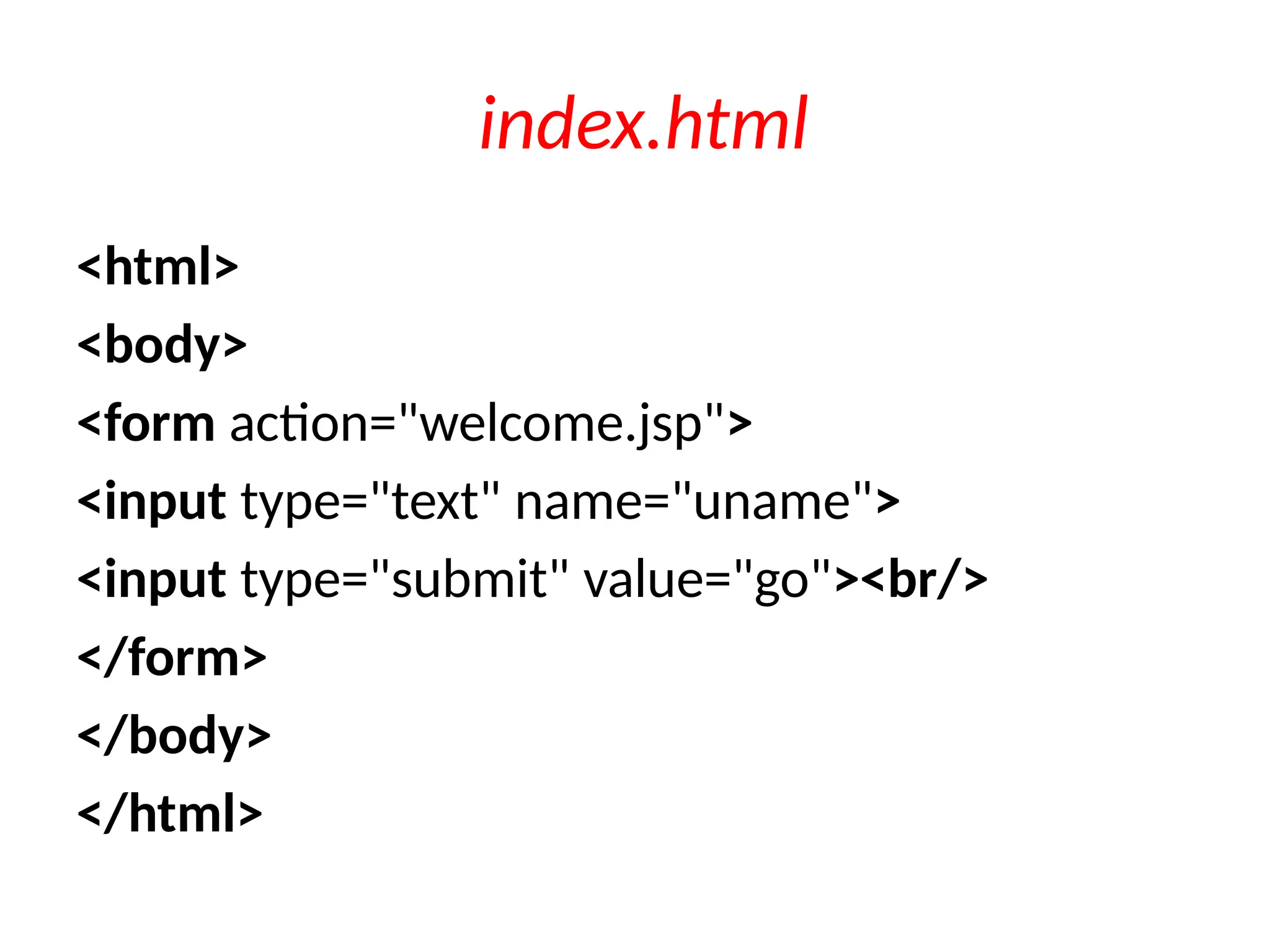 index.html
<html>
<body>
<form action="welcome.jsp">
<input type="text" name="uname">
<input type="submit" value="go"><br/>
</form>
</body>
</html>
 
