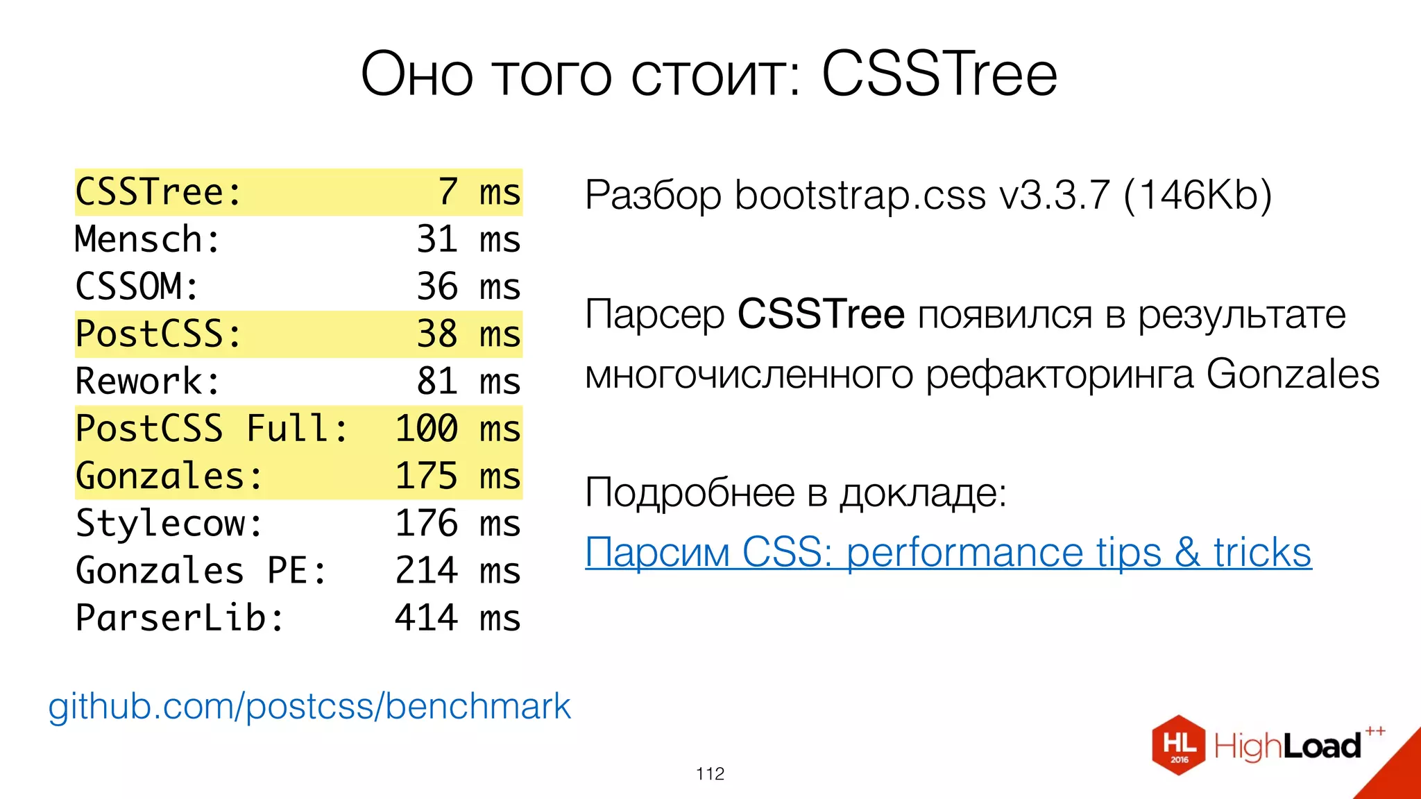 112
CSSTree: 7 ms
Mensch: 31 ms
CSSOM: 36 ms
PostCSS: 38 ms
Rework: 81 ms
PostCSS Full: 100 ms
Gonzales: 175 ms
Stylecow: 176 ms
Gonzales PE: 214 ms
ParserLib: 414 ms
Оно того стоит: CSSTree
github.com/postcss/benchmark
Разбор bootstrap.css v3.3.7 (146Kb)
Парсер CSSTree появился в результате
многочисленного рефакторинга Gonzales
Подробнее в докладе:
Парсим CSS: performance tips & tricks
 