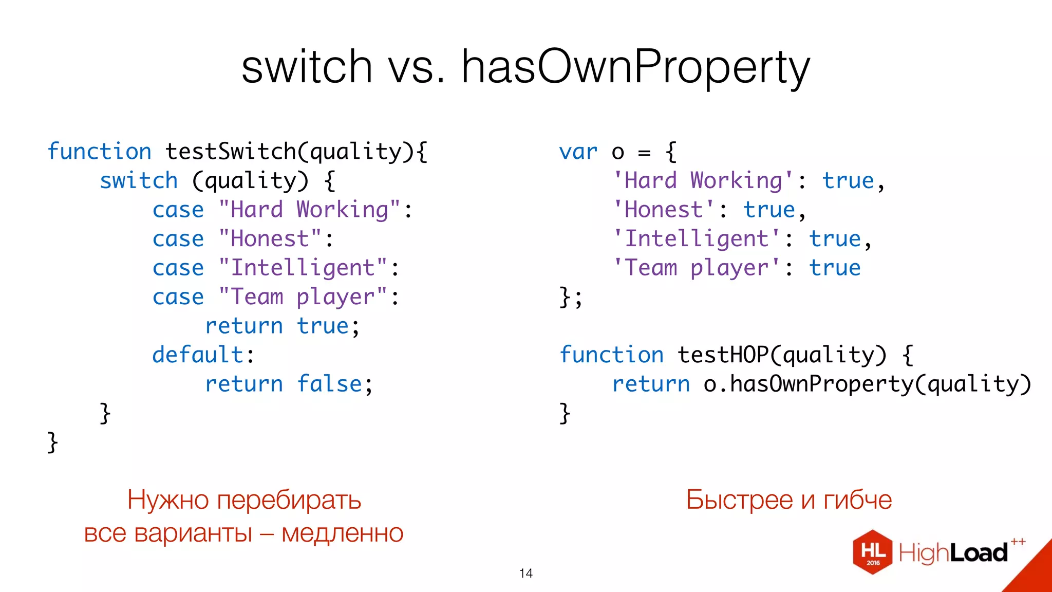 switch vs. hasOwnProperty
14
function testSwitch(quality){
    switch (quality) {
        case "Hard Working":
        case "Honest":
        case "Intelligent":
        case "Team player":
            return true;
        default:
            return false;
    }
}
var o = {
    'Hard Working': true,
    'Honest': true,
    'Intelligent': true,
    'Team player': true
};
function testHOP(quality) {
    return o.hasOwnProperty(quality)
}
Нужно перебирать  
все варианты – медленно
Быстрее и гибче
 