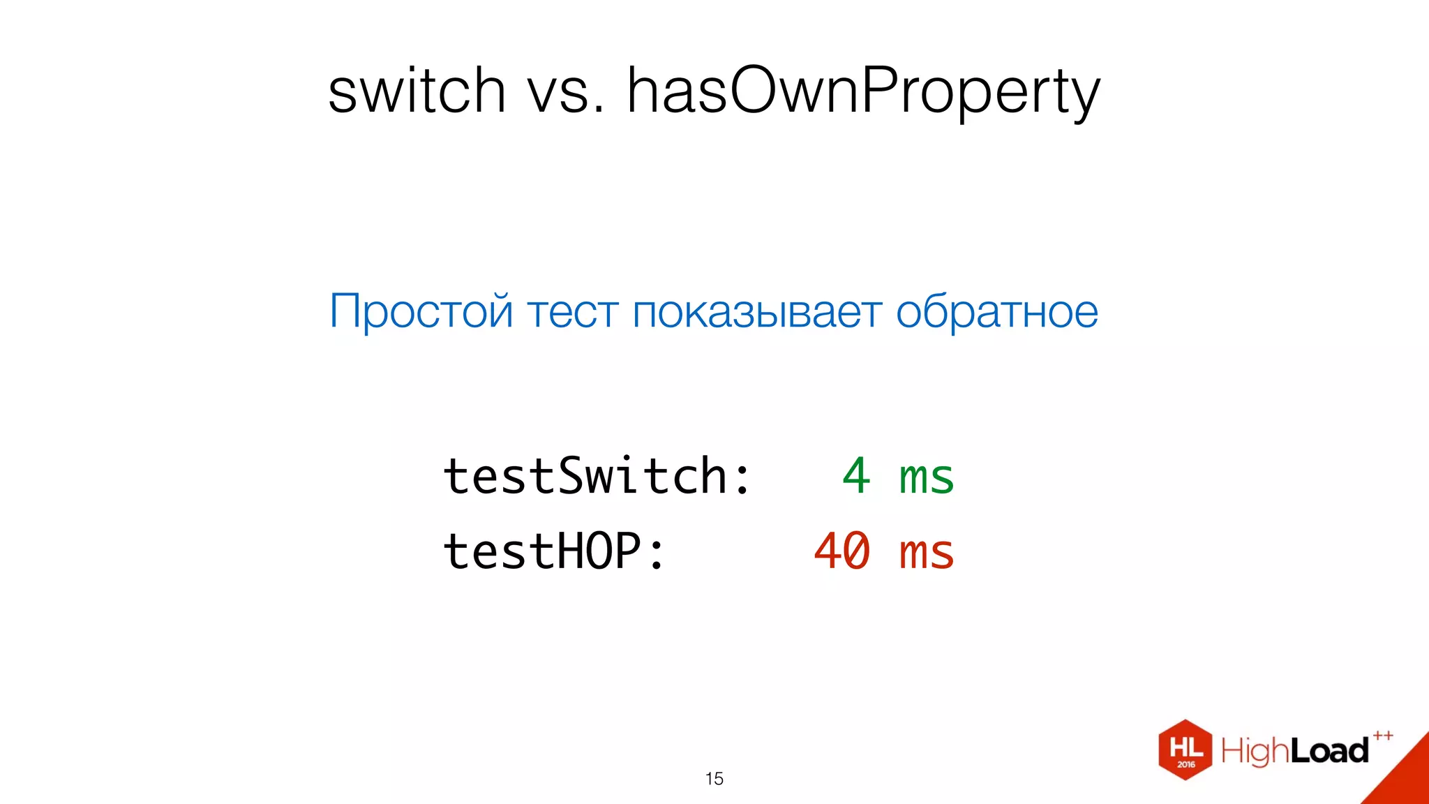 switch vs. hasOwnProperty
15
testSwitch: 4 ms
testHOP: 40 ms
Простой тест показывает обратное
 
