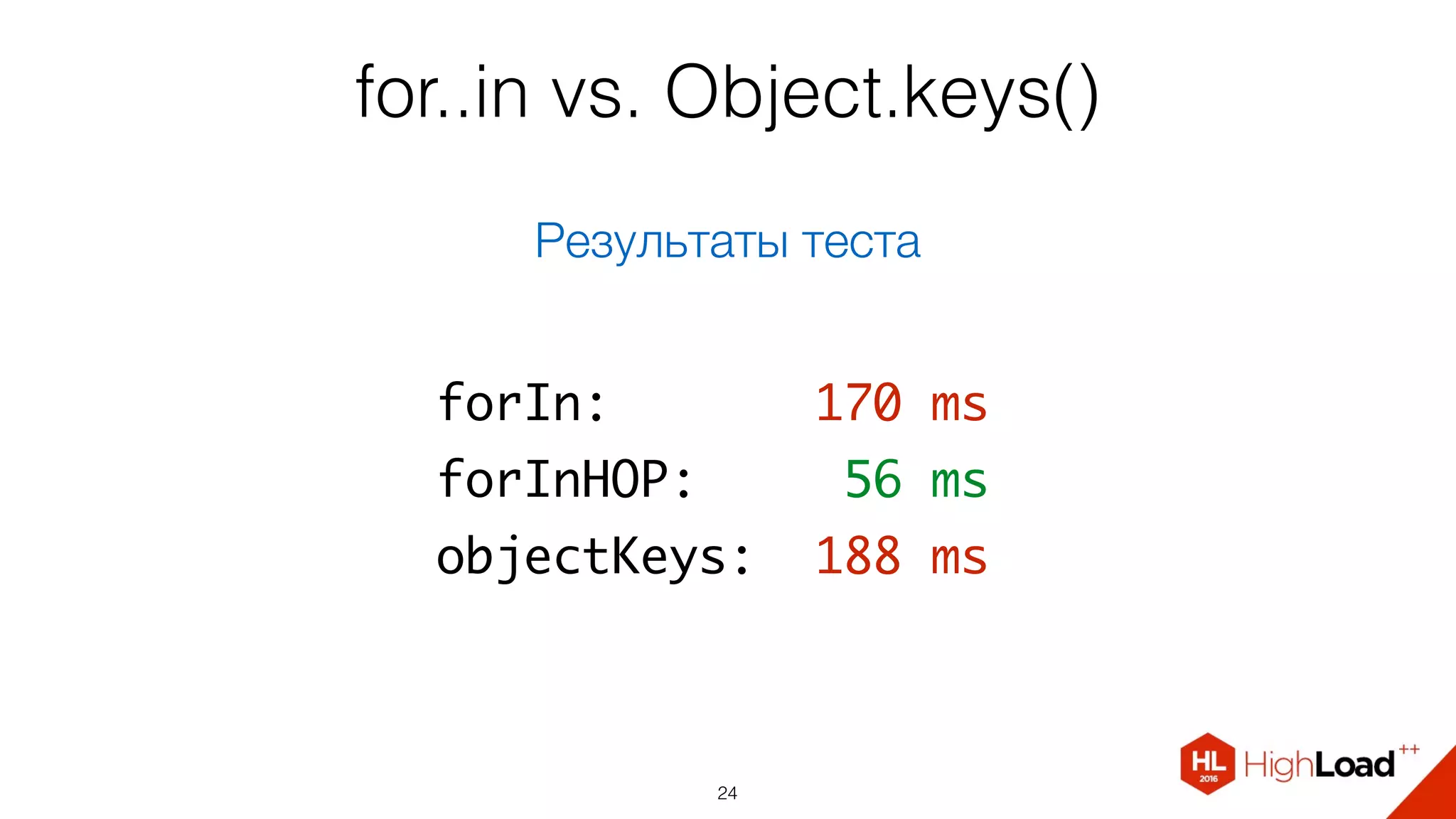 for..in vs. Object.keys()
24
forIn: 170 ms
forInHOP: 56 ms
objectKeys: 188 ms
Результаты теста
jsﬁddle.net/rdvornov/veeorm09/
 