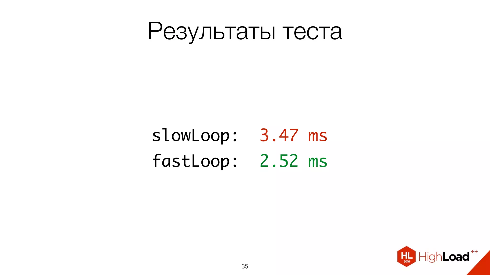 Результаты теста
35
slowLoop: 3.47 ms
fastLoop: 2.52 ms
 