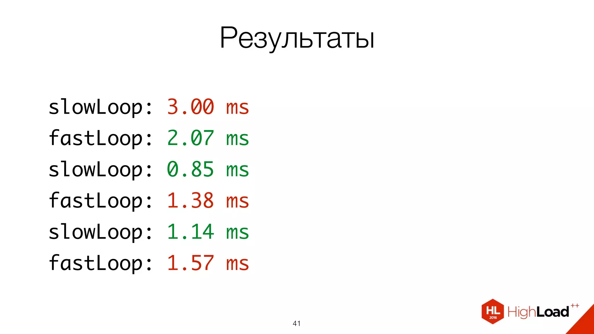 Результаты
41
slowLoop: 3.00 ms
fastLoop: 2.07 ms
slowLoop: 0.85 ms
fastLoop: 1.38 ms
slowLoop: 1.14 ms
fastLoop: 1.57 ms
 