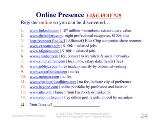 Online Presence TAKEAWAY #20
       Register online so you can be discovered…
       1.     www.linkedin.com | 187 million + members, extraordinary value
       2.     www.theladders.com | eight professional categories, $100k plus
       3.     http://connect.find.ly/1 | AllianceQ Blue Chip companies share resumes
       4.     www.execunet.com | $150k + salaried jobs
       5.     www.6figures.com | $100k + salaried jobs
       6.     www.climber.com | fee, connect to recruiters & social networks
       7.     www.simplyhired.com | local jobs, salary data, trends (free)
       8.     www.jobfox.com | hires made primarily by online networking
       9.     www.careerbuilder.com | no fee
       10.    www.monster.com | no fee
       11.    www.charlotte.localhires.com | no fee, indicate city of preference
       12.    www.beyond.com | online portfolio by profession and location
       13.    www.jibe.com | launch from Facebook or LinkedIn
       14.    www.zoominfo.com | free online profile gets noticed by recruiters
             Your favorite? ________________________


                                                                                   24
                              © 2013 G&A | http://www.gunnassoc.com
Job Search Planning Guide     Saint John's Episcopal Church Special Edition
 