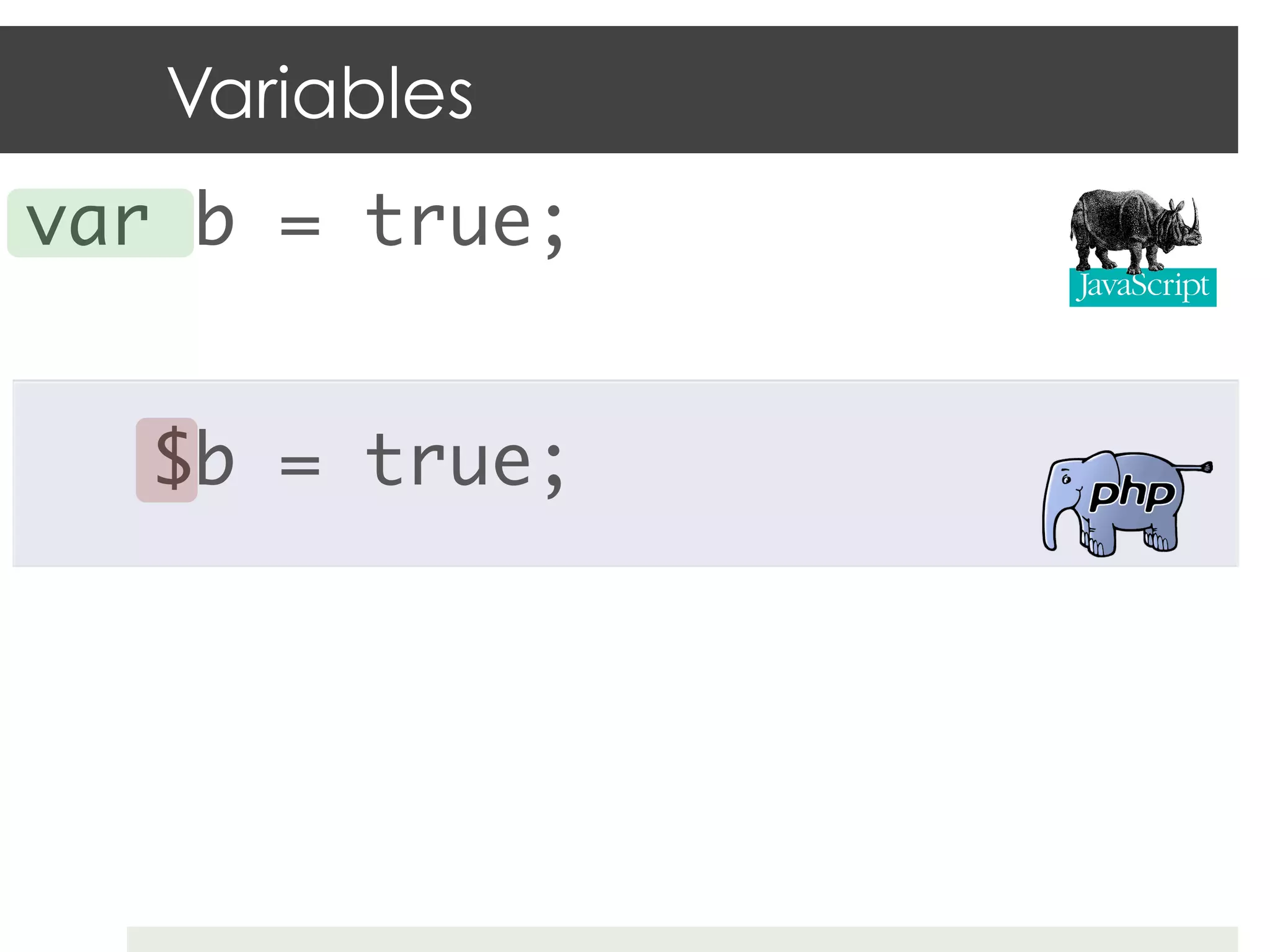 Variables
var b = true;	
	
    $b = true;	
 