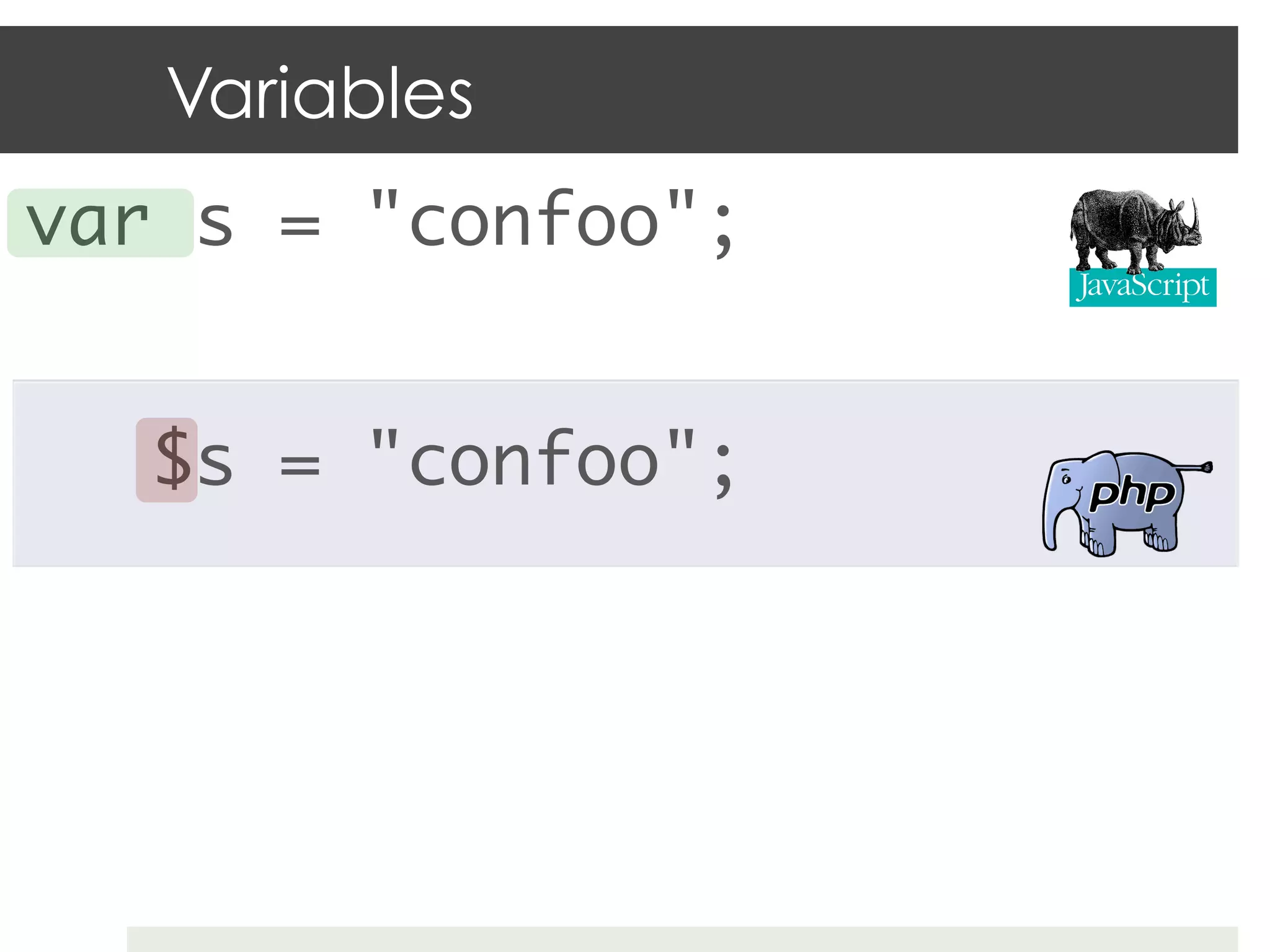 Variables
var s = "confoo";	
	
    $s = "confoo";	
 