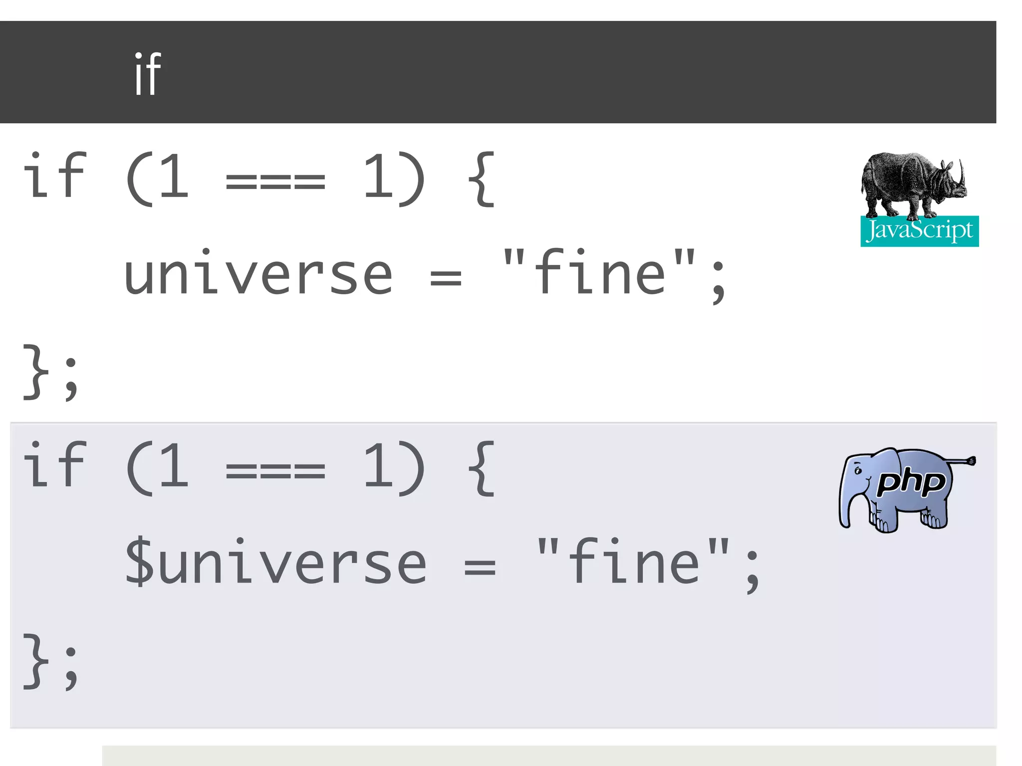 if
if (1 === 1) {	
 	universe = "fine";	
};	
if (1 === 1) {	
 	$universe = "fine";	
};	
 