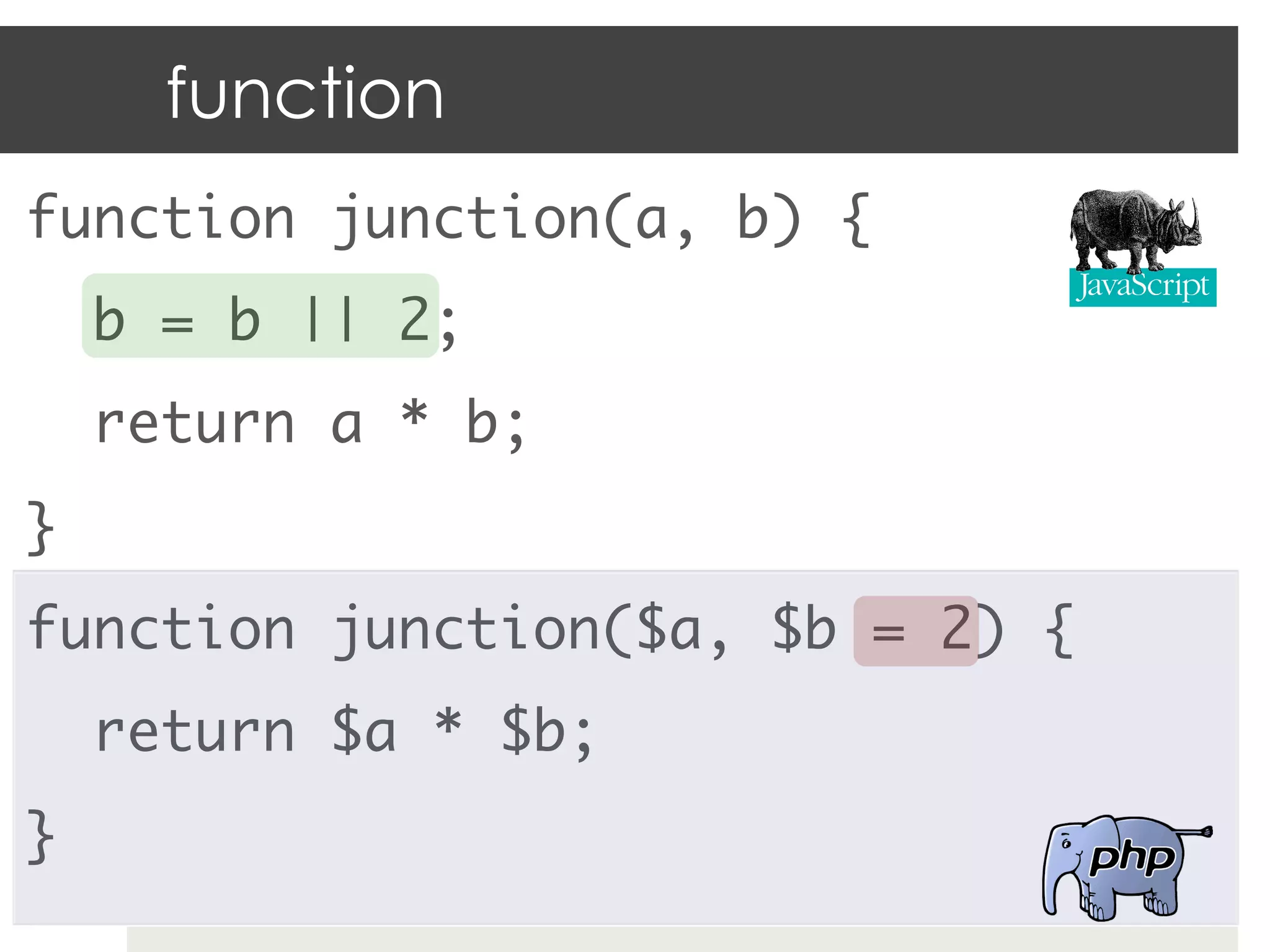 function
function junction(a, b) {	
     b = b || 2;	
     return a * b;	
}	
function junction($a, $b = 2) {	
     return $a * $b;	
}	
 