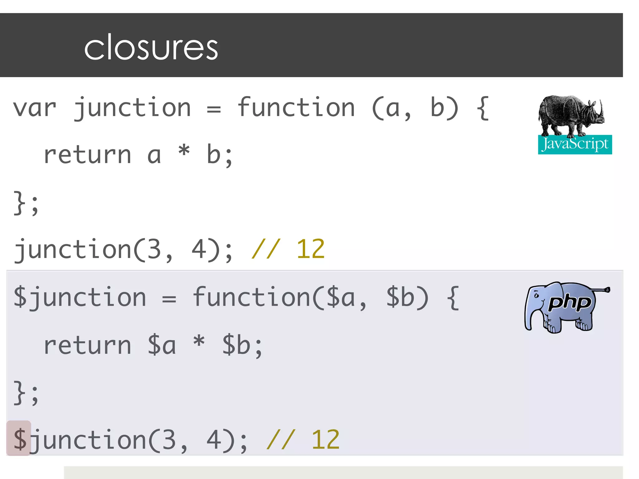 closures
var junction = function (a, b) {	
  return a * b;	
};	
junction(3, 4); // 12	
$junction = function($a, $b) {	
  return $a * $b;	
};	
$junction(3, 4); // 12	
 