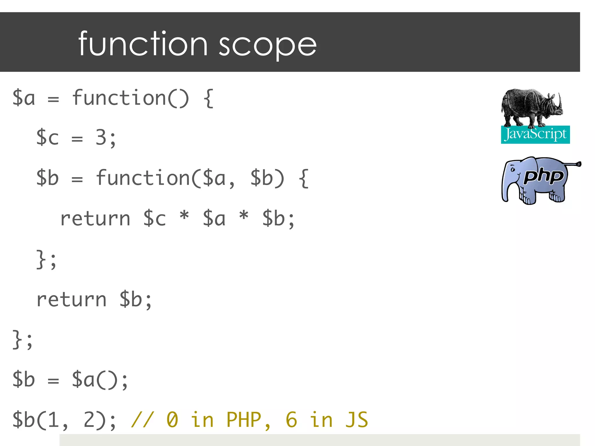 function scope
$a = function() {	

  $c = 3;	

  $b = function($a, $b) {	

      return $c * $a * $b;	

  };	

  return $b;	

};	

$b = $a();	

$b(1, 2); // 0 in PHP, 6 in JS	
 