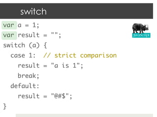 switch
var a = 1;	
var result = "";	
switch (a) {	
     case 1:     // strict comparison	
       result = "a is 1"; 	
       break;	
     default:	
       result = "@#$";	
}	
 