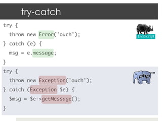 try-catch
try {	
     throw new Error('ouch');	
} catch (e) {	
     msg = e.message;	
}	
try {	
     throw new Exception('ouch');	
} catch (Exception $e) {	
     $msg = $e->getMessage();	
}	
 