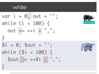 while
var i = 0, out = '';	
while (i < 100) {	
     out += ++i + ",";	
}	
$i = 0; $out = '';	
while ($i < 100) {	
     $out .= ++$i . ",";	
}	
 