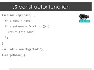 JS constructor function
function Dog (name) {	

     this.name = name;	

     this.getName = function () {	

       return this.name;	

     };	

}	

var fido = new Dog("Fido");	

fido.getName();	
 