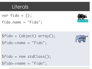 Literals
var fido = {};	
fido.name = "Fido";	
	
$fido = (object) array();	
$fido->name = "Fido";	
	
$fido = new stdClass()...