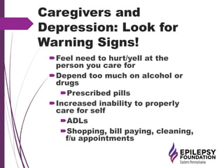 Caregivers and
Depression: Look for
Warning Signs!
Feel need to hurt/yell at the
person you care for
Depend too much on alcohol or
drugs
Prescribed pills
Increased inability to properly
care for self
ADLs
Shopping, bill paying, cleaning,
f/u appointments
 