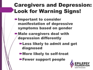 Caregivers and Depression:
Look for Warning Signs!
Important to consider
manifestation of depressive
symptoms based on gender
Male caregivers deal with
depression differently
Less likely to admit and get
diagnosed
More likely to self-treat
Fewer support people
 