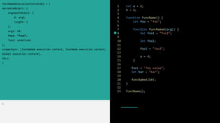 1 let a = 2;
2 b = 1;
3
4 function funcName() {
5 let foo = "foo";
6
7 function funcNameA(arg1) {
8 let foo1 = "foo1";
9
10 let foo2;
11
12 foo3 = "foo3";
13
14 a = 4;
15 }
16
17 foo1 = "foo value";
18 let bar = "bar";
19
20 funcNameA(10);
21 }
22
23 funcName();
funcNameAExecutionContextObj = {
variableObject: {
argumentObject: {
0: arg1,
length: 1
},
arg1: 10,
foo1: ”foo1”,
foo2: undefined
},
scopechain: [funcNameA execution context, funcName execution context,
Global execution context],
this:
}
>
 