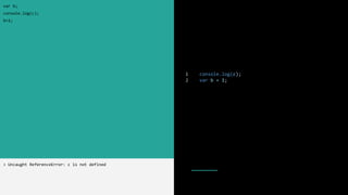 1 console.log(c);
2 var b = 1;
var b;
console.log(c);
b=1;
> Uncaught ReferenceError: c is not defined
 