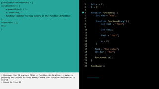 1 let a = 2;
2 b = 1;
3
4 function funcName() {
5 let foo = "foo";
6
7 function funcNameA(arg1) {
8 let foo1 = "foo1";
9
10 let foo2;
11
12 foo3 = "foo3";
13
14 a = 4;
15 }
16
17 foo1 = "foo value";
18 let bar = "bar";
19
20 funcNameA(10);
21 }
22
23 funcName();
globalExecutionContextObj = {
variableObject: {
argumentObject: { },
a: undefined,
funcName: pointer to heap memory in the function definition
},
scopechain: [],
this
}
> Whenever the JS engines finds a function declaration, creates a
property and points to heap memory where the function definition is
stored
> Moves to line 23
 