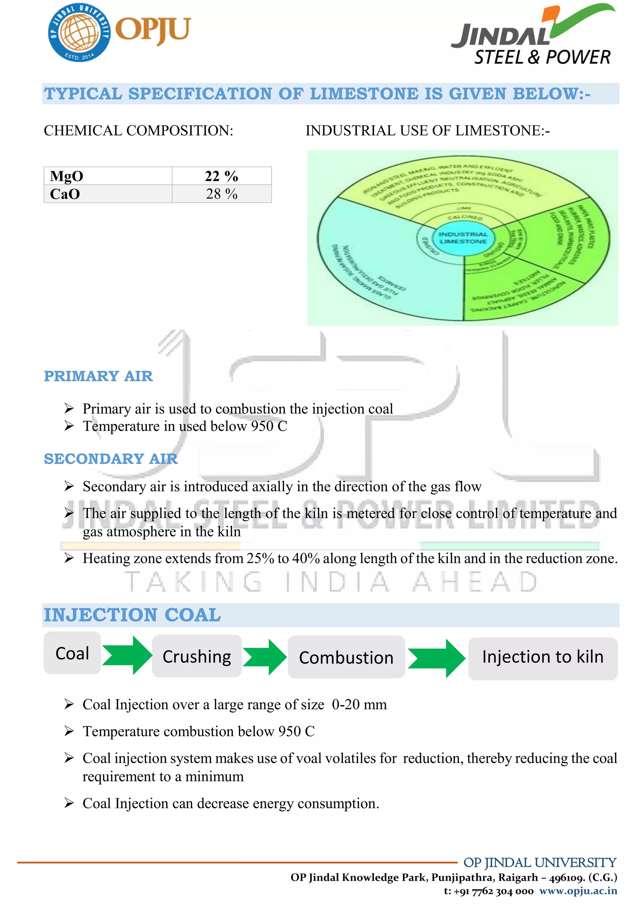 OP JINDAL UNIVERSITY
OP Jindal Knowledge Park, Punjipathra, Raigarh – 496109. (C.G.)
t: +91 7762 304 000 www.opju.ac.in
TYPICAL SPECIFICATION OF LIMESTONE IS GIVEN BELOW:-
CHEMICAL COMPOSITION: INDUSTRIAL USE OF LIMESTONE:-
MgO 22 %
CaO 28 %
PRIMARY AIR
 Primary air is used to combustion the injection coal
 Temperature in used below 950 C
SECONDARY AIR
 Secondary air is introduced axially in the direction of the gas flow
 The air supplied to the length of the kiln is metered for close control of temperature and
gas atmosphere in the kiln
 Heating zone extends from 25% to 40% along length of the kiln and in the reduction zone.
INJECTION COAL
 Coal Injection over a large range of size 0-20 mm
 Temperature combustion below 950 C
 Coal injection system makes use of voal volatiles for reduction, thereby reducing the coal
requirement to a minimum
 Coal Injection can decrease energy consumption.
Coal Crushing Combustion Injection to kiln
 