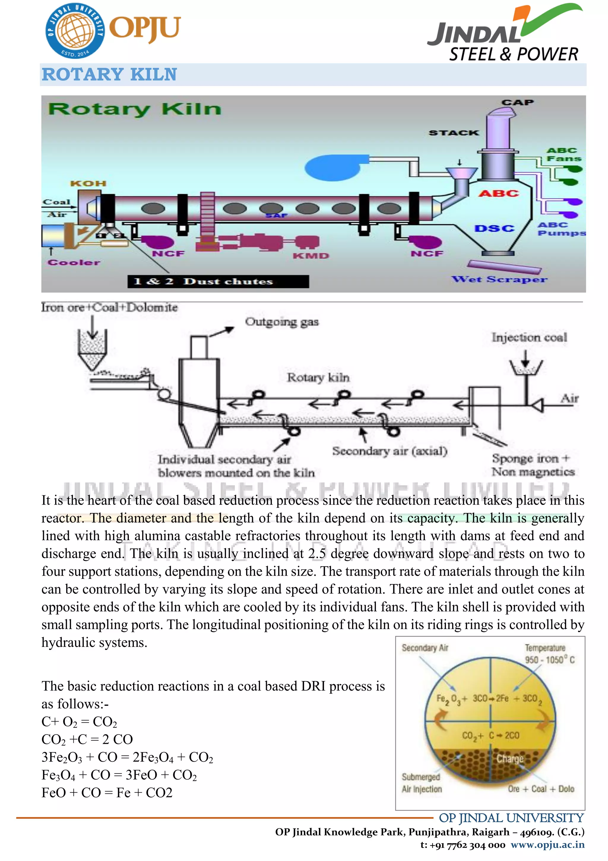 OP JINDAL UNIVERSITY
OP Jindal Knowledge Park, Punjipathra, Raigarh – 496109. (C.G.)
t: +91 7762 304 000 www.opju.ac.in
ROTARY KILN
It is the heart of the coal based reduction process since the reduction reaction takes place in this
reactor. The diameter and the length of the kiln depend on its capacity. The kiln is generally
lined with high alumina castable refractories throughout its length with dams at feed end and
discharge end. The kiln is usually inclined at 2.5 degree downward slope and rests on two to
four support stations, depending on the kiln size. The transport rate of materials through the kiln
can be controlled by varying its slope and speed of rotation. There are inlet and outlet cones at
opposite ends of the kiln which are cooled by its individual fans. The kiln shell is provided with
small sampling ports. The longitudinal positioning of the kiln on its riding rings is controlled by
hydraulic systems.
The basic reduction reactions in a coal based DRI process is
as follows:-
C+ O2 = CO2
CO2 +C = 2 CO
3Fe2O3 + CO = 2Fe3O4 + CO2
Fe3O4 + CO = 3FeO + CO2
FeO + CO = Fe + CO2
 