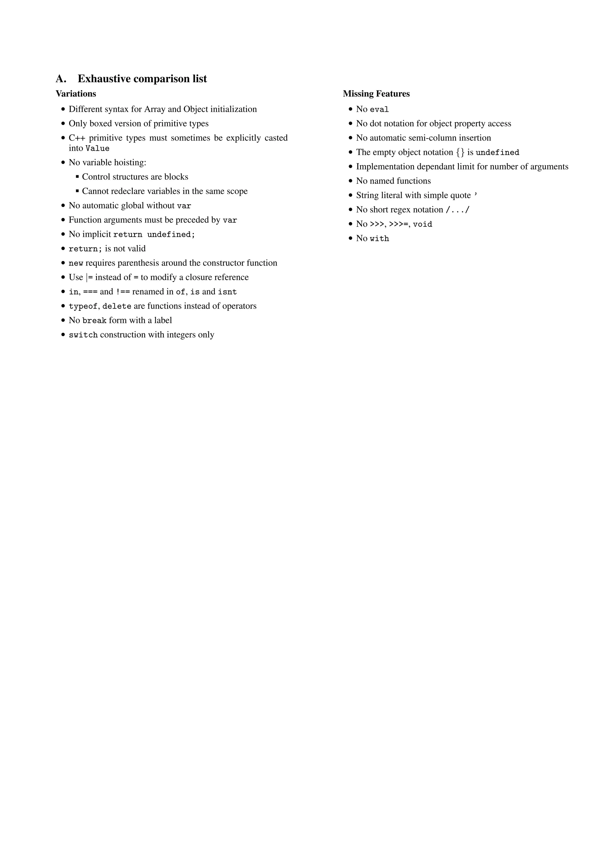 A.     Exhaustive comparison list
Variations                                                    Missing Features
 • Different syntax for Array and Object initialization        • No eval
 • Only boxed version of primitive types                       • No dot notation for object property access
 • C++ primitive types must sometimes be explicitly casted     • No automatic semi-column insertion
     into Value                                                • The empty object notation {} is undefined
 • No variable hoisting:                                       • Implementation dependant limit for number of arguments
        Control structures are blocks                          • No named functions
        Cannot redeclare variables in the same scope           • String literal with simple quote ’
 • No automatic global without var                             • No short regex notation /.../
 • Function arguments must be preceded by var                  • No >>>, >>>=, void
 • No implicit return undefined;                               • No with
 • return; is not valid
 • new requires parenthesis around the constructor function
 • Use |= instead of = to modify a closure reference
 • in, === and !== renamed in of, is and isnt
 • typeof, delete are functions instead of operators
 • No break form with a label
 • switch construction with integers only
 