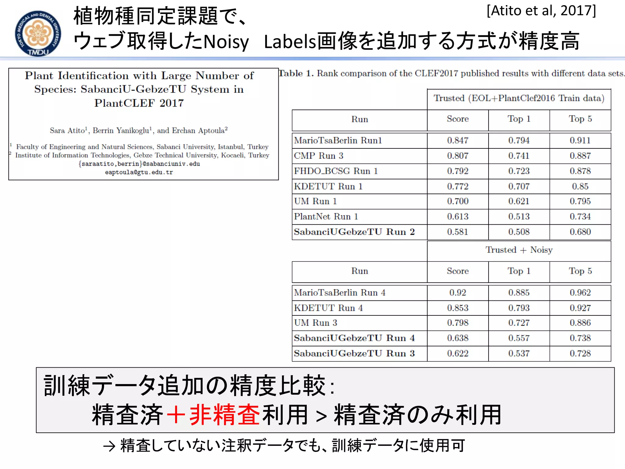 植物種同定課題で、
ウェブ取得したNoisy Labels画像を追加する方式が精度高
訓練データ追加の精度比較：
精査済＋非精査利用 > 精査済のみ利用
[Atito et al, 2017]
→ 精査していない注釈データでも、訓練データに使用可
 
