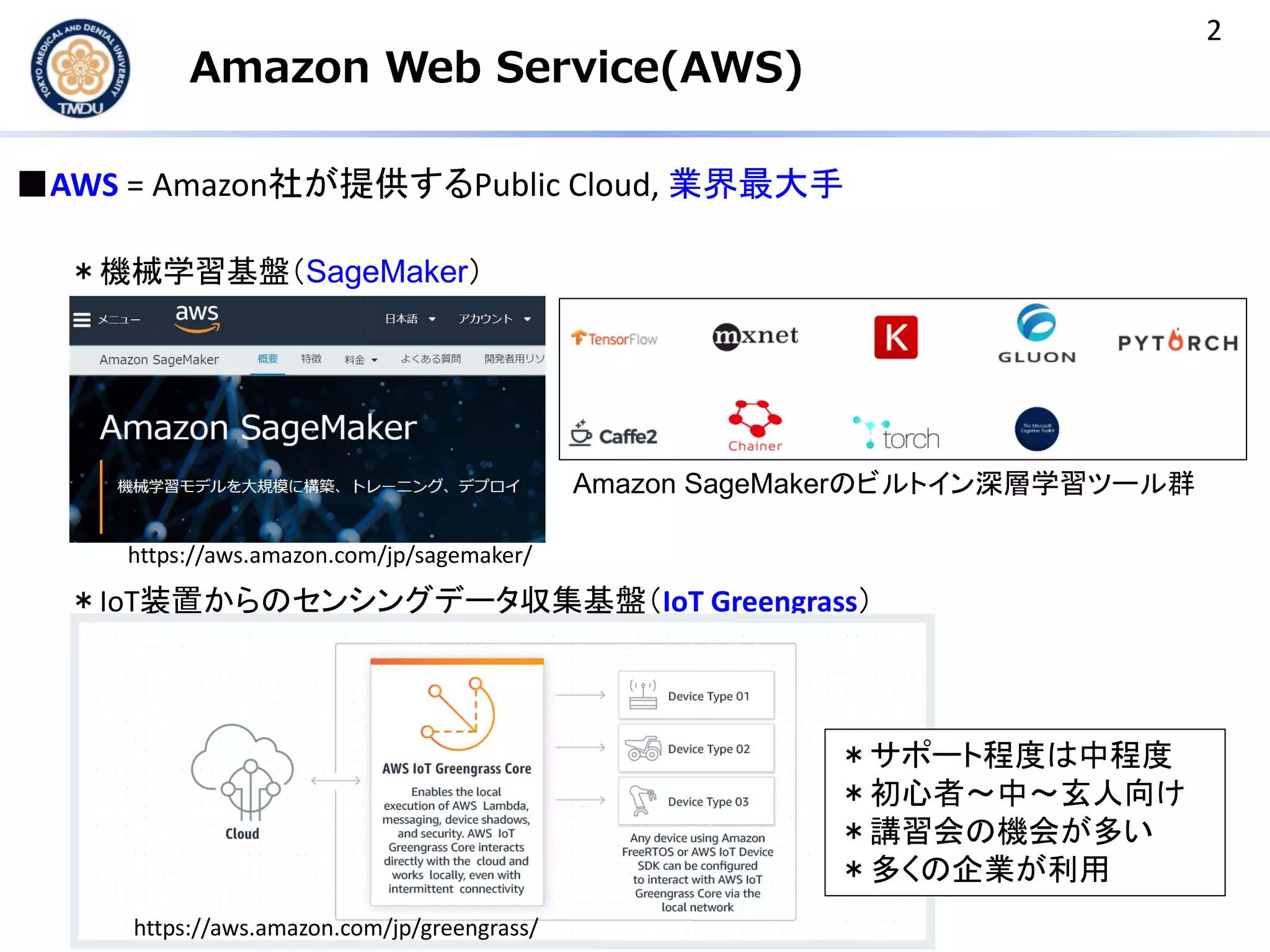 Amazon Web Service(AWS)
■AWS = Amazon社が提供するPublic Cloud, 業界最大手
＊機械学習基盤（SageMaker）
Amazon SageMakerのビルトイン深層学習ツール群
2
＊IoT装置からのセンシングデータ収集基盤（IoT Greengrass）
＊サポート程度は中程度
＊初心者～中～玄人向け
＊講習会の機会が多い
＊多くの企業が利用
https://aws.amazon.com/jp/sagemaker/
https://aws.amazon.com/jp/greengrass/
 