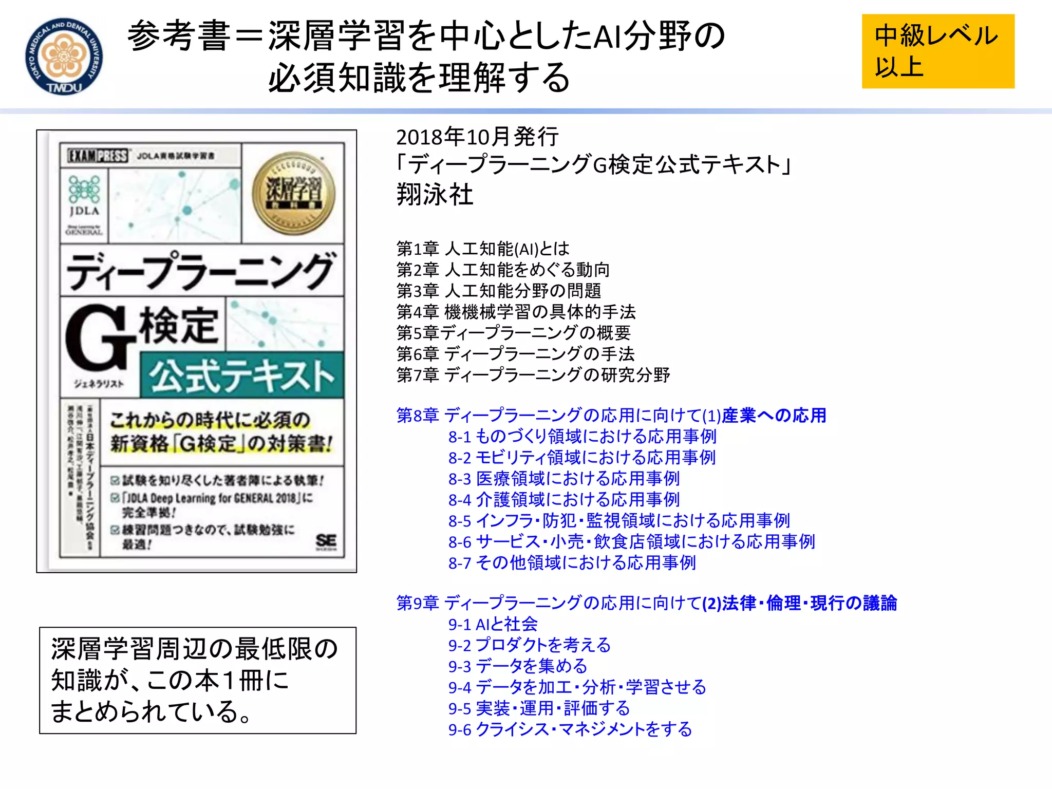 参考書＝深層学習を中心としたAI分野の
必須知識を理解する
中級レベル
以上
2018年10月発行
「ディープラーニングG検定公式テキスト」
翔泳社
第1章 人工知能(AI)とは
第2章 人工知能をめぐる動向
第3章 人工知能分野の問題
第4章 機機械学習の具体的手法
第5章ディープラーニングの概要
第6章 ディープラーニングの手法
第7章 ディープラーニングの研究分野
第8章 ディープラーニングの応用に向けて(1)産業への応用
8-1 ものづくり領域における応用事例
8-2 モビリティ領域における応用事例
8-3 医療領域における応用事例
8-4 介護領域における応用事例
8-5 インフラ・防犯・監視領域における応用事例
8-6 サービス・小売・飲食店領域における応用事例
8-7 その他領域における応用事例
第9章 ディープラーニングの応用に向けて(2)法律・倫理・現行の議論
9-1 AIと社会
9-2 プロダクトを考える
9-3 データを集める
9-4 データを加工・分析・学習させる
9-5 実装・運用・評価する
9-6 クライシス・マネジメントをする
深層学習周辺の最低限の
知識が、この本１冊に
まとめられている。
 