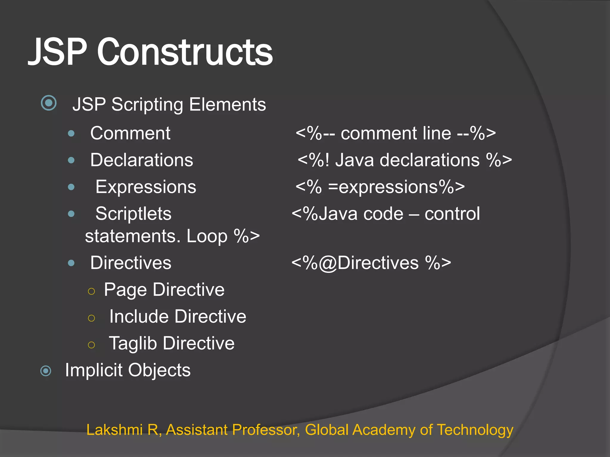 JSP Constructs
 JSP Scripting Elements
 Comment <%-- comment line --%>
 Declarations <%! Java declarations %>
 Expressions <% =expressions%>
 Scriptlets <%Java code – control
statements. Loop %>
 Directives <%@Directives %>
○ Page Directive
○ Include Directive
○ Taglib Directive
 Implicit Objects
Lakshmi R, Assistant Professor, Global Academy of Technology
 
