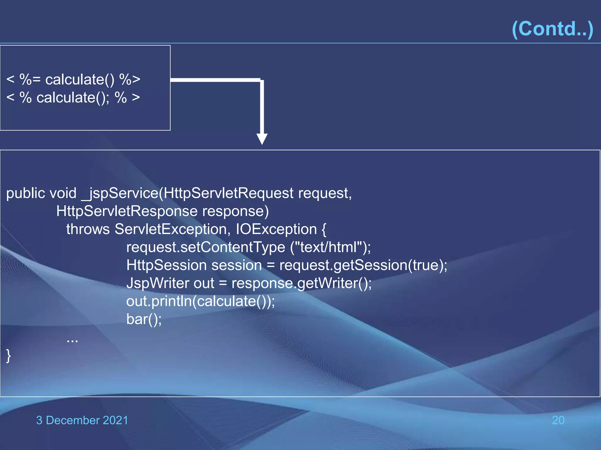 3 December 2021 20 < %= calculate() %> < % calculate(); % > public void _jspService(HttpServletRequest request, HttpServletResponse response) throws ServletException, IOException { request.setContentType ("text/html"); HttpSession session = request.getSession(true); JspWriter out = response.getWriter(); out.println(calculate()); bar(); ... } (Contd..) 